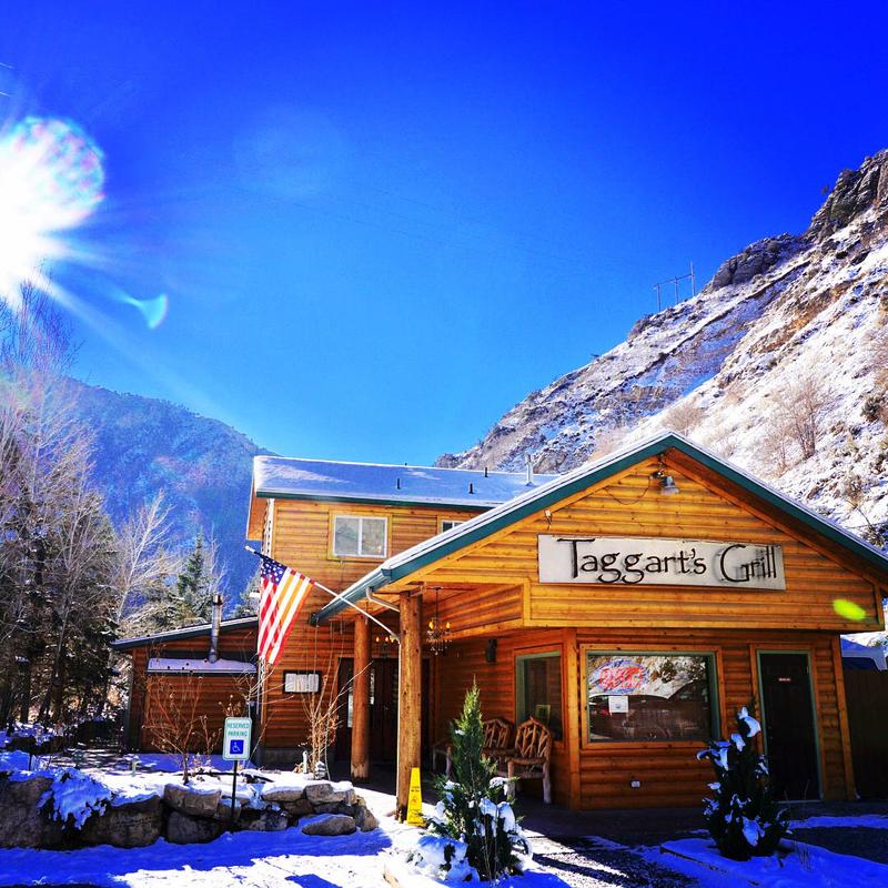 Taggart's Grill exterior with the mountain in winter